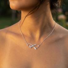 Сребърно колие безкрайност - име по избор с перо и циркони Сребърно колие безкрайност - име по избор с перо и циркони