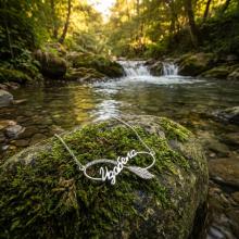 Сребърно колие безкрайност - име по избор с перо и циркони