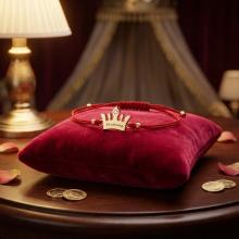 Гривна с червен конец и 14 карата златен елемент корона с гравирано послание