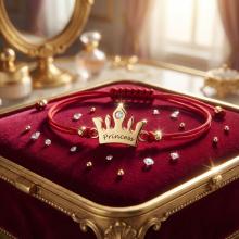 Гривна с червен конец и 14 карата златен елемент корона с гравирано послание