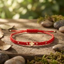 Гривна с червен конец и 14 карата златен елемент кръст B54CZ