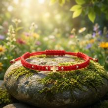 Гривна с червен конец и 14 карата златен елемент кръст B54CZ