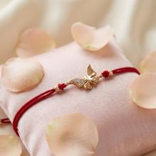 Гривна с червен конец и златен елемент пеперуда с циркони B60