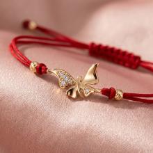 Гривна с червен конец и златен елемент пеперуда с циркони B60