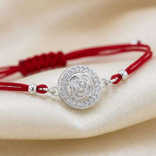 Гривна с червен конец и сребърен елемент роза с циркони