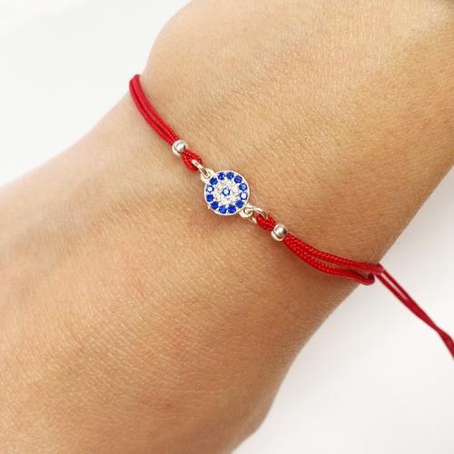 Гривна с червен конец и сребърен елемент синьо око BT92S